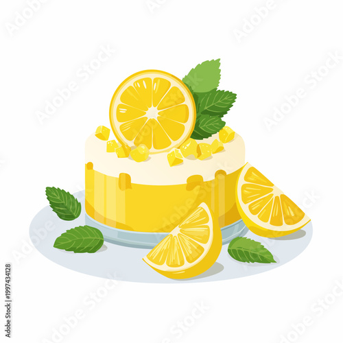 Zitronendessert mit frischen Früchten und Minze modern präsentiert