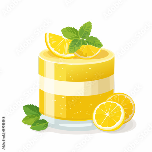 Zitronendessert mit frischen Früchten und Minze modern präsentiert