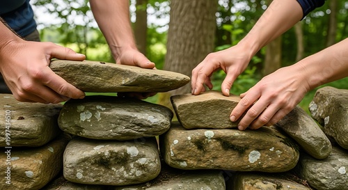 Teamwork Building a Traditional Dry Stone Wall in the Woods