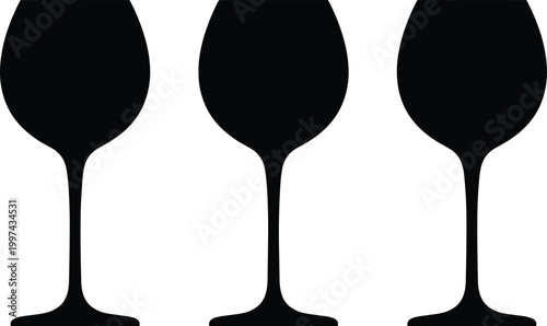 Detailed black and white flat vector illustration collection of three identical wine glass silhouettes for restaurant menu and bar drink designs.