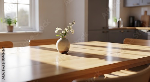 wooden dining table with white flower vase in bright sunlight