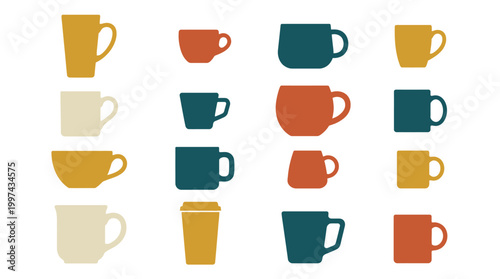 Collection of colorful coffee mugs.