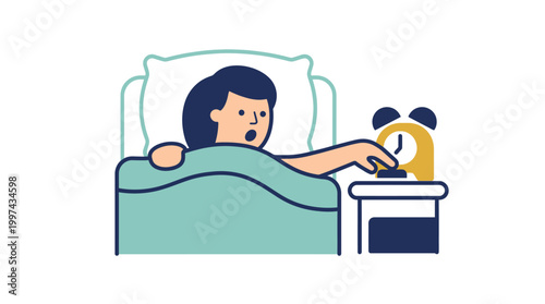 Woman Waking Up Turning Off Alarm.