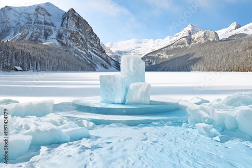 Ice Formations on a Calm Lake With Mountains in the Background During Winter