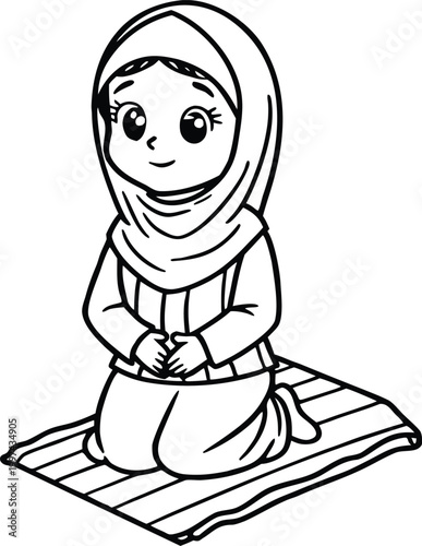 Cute little muslim girl wearing hijab praying on a prayer rug line art drawing