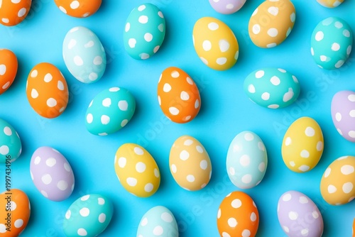 Colorful Eggs Arranged on a Blue Surface for a Festive Celebration During Spr...