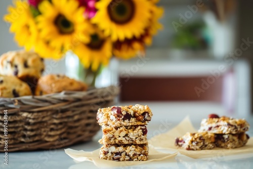 Enjoying Homemade Granola Bars and Muffins on a Sunny Kitchen Table With Flowers