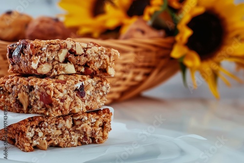 Enjoying Homemade Granola Bars and Muffins on a Sunny Kitchen Table With Flowers