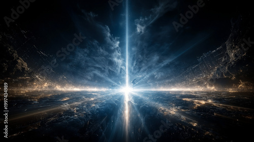 Illuminating Horizon: A radiant beam of light pierces the darkness, casting an ethereal glow across a celestial landscape, evoking a sense of wonder and cosmic energy.