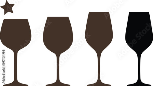 Detailed black and white flat vector illustration collection of various wine glass silhouettes and a star for restaurant bar drink designs.