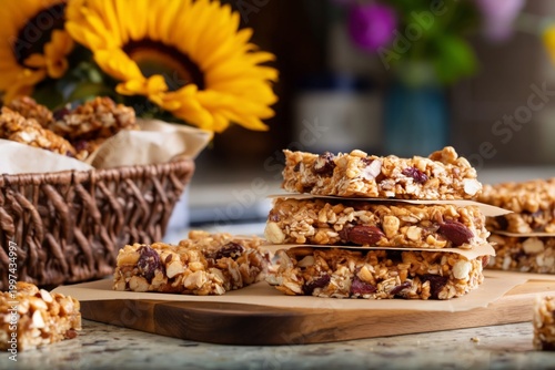 Snack Bars Stacked on a Table Near Flowers and Baked Goods at a Kitchen in th...