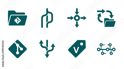 Collection of abstract icons representing data management and flow in digital environments