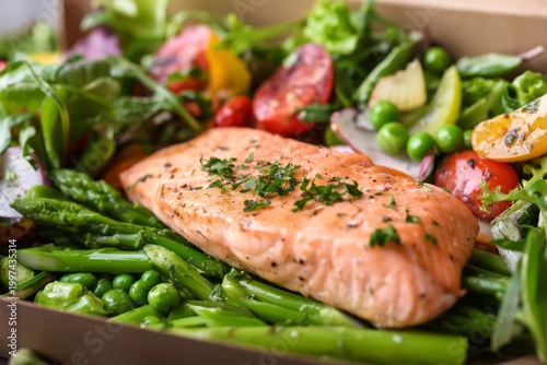 Fresh Salmon Fillet Served With Green Vegetables and Salad in a Takeout Box f...
