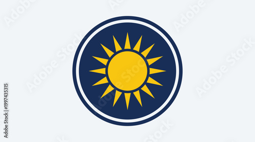 A vibrant sun emblem featuring a yellow sun with rays, set against a blue circular background