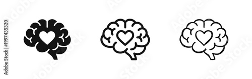Heart inside Brain Icon Set - Emotional Intelligence and Mental Health Concept Illustration