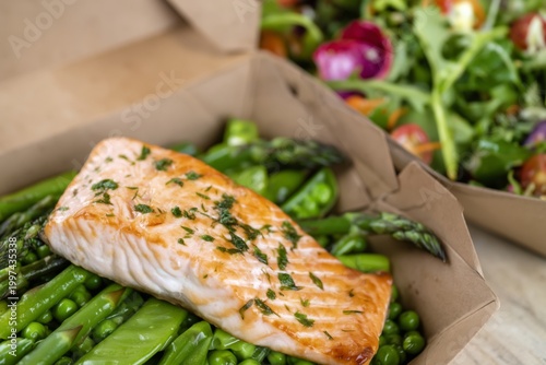 Salmon With Asparagus and Mixed Salad Served in Takeout Boxes During Lunchtime