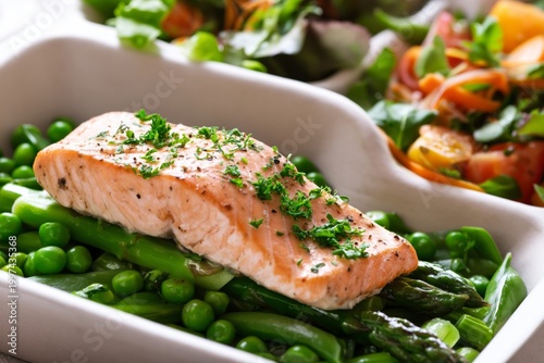 Salmon With Asparagus and Mixed Salad Served in Takeout Boxes During Lunchtime