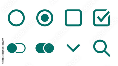 A collection of user interface icons showcasing various states and actions for digital applications