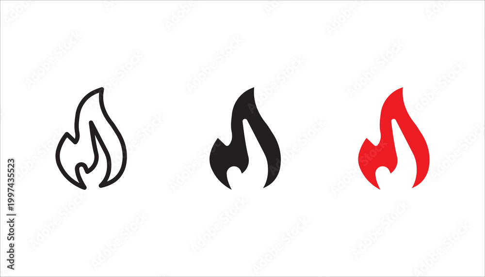 Fototapeta premium Fire burning vector icon set, Flames in abstract style on white background. Fire sign. Vector Image