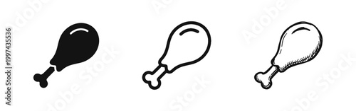 Chicken Drumstick Icon Set - Fried Food and Poultry Symbols in Solid, Outline, and Hand-Drawn Styles