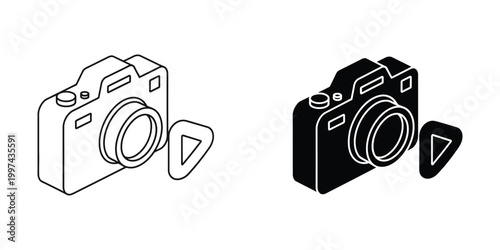 Isometric illustration of two different style cameras with play buttons beside them