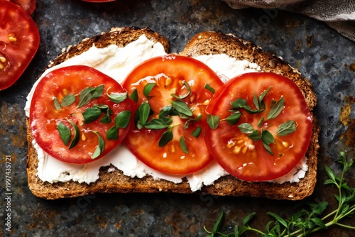 Fresh Tomato Slices on Toasted Bread With Cream Cheese and Herbs on a Simple ...