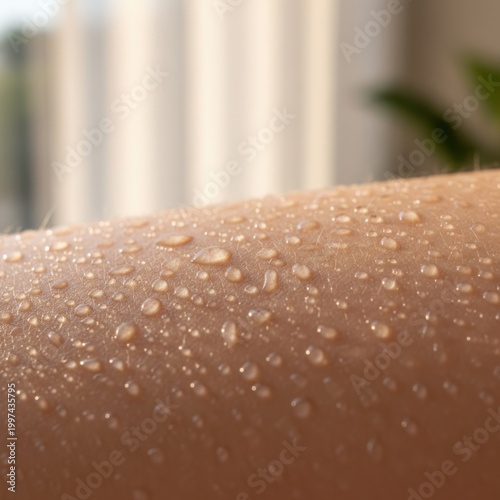 Sweat drops on human skin closeup.