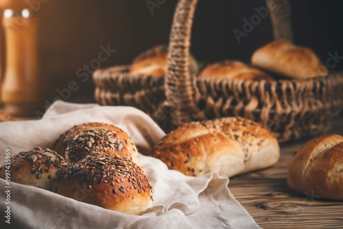 Freshly Baked Bread Rolls in a Basket on a Wooden Table