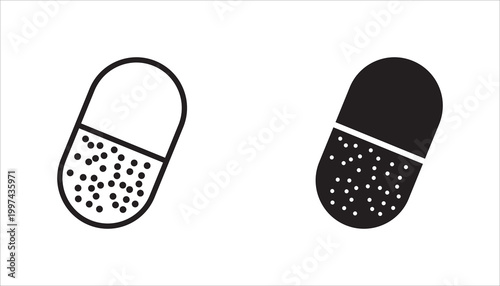 Pill icon vector set. Capsule glyph icon. Capsule symbol icon. Pharmaceutical capsule symbol. Capsule glyph Pill icons set.