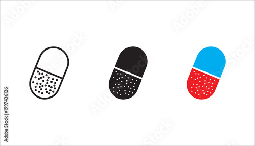 Pill icon vector set. Capsule glyph icon. Capsule symbol icon. Pharmaceutical capsule symbol. Capsule glyph Pill icons set.