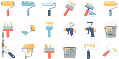 Painting Tools Icon Vector Set with Rollers Brushes Spray Guns Paint Buckets and Equipment for Home Renovation and DIY Design