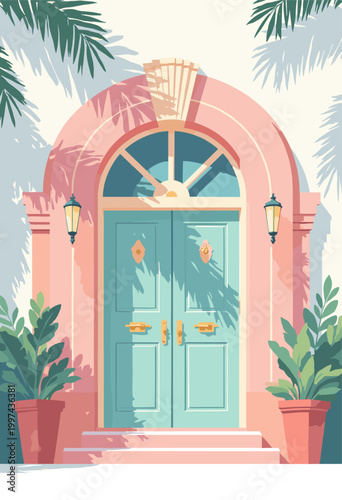 Art Deco door entrance Miami South Beach hotel, symmetrical geometric patterns, pastel pink mint green facade, palm shadow casting across, flat vector, white background