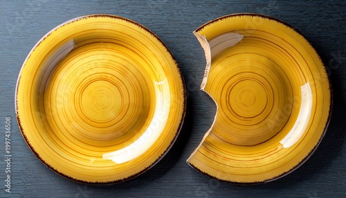 two broken yellow ceramic plates