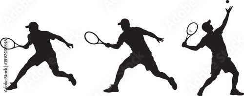 Tennis player silhouette set, professional male athletes in action poses, black vector silhouettes of tennis players serving and hitting forehand