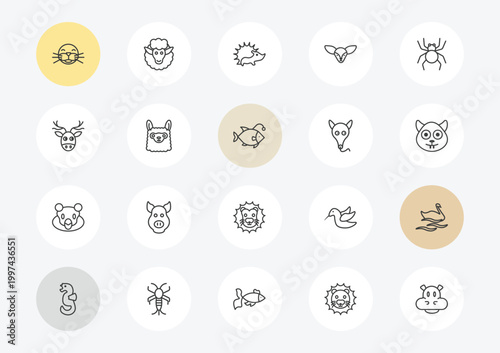 animals outline icon set. linear vector for ui, web and mobile. thin line seal, moose, snigir icons.