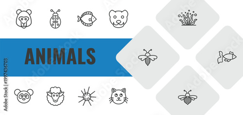 animals outline icon set. linear vector for ui, web and mobile. thin line baboon, ladybug, flounder icons.