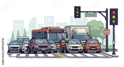 Busy city street with various vehicles and traffic lights.