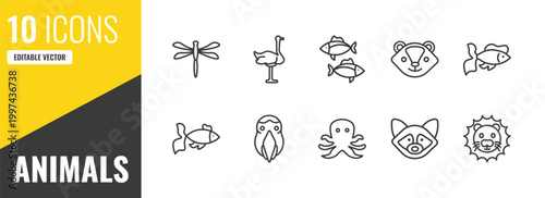 animals outline icon set. 10 linear vector for ui, web and mobile. thin line dragonflay, ostrich, tuna icons.
