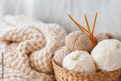 Knitting Supplies on a Table With Yarn and Needles in a Bright Room