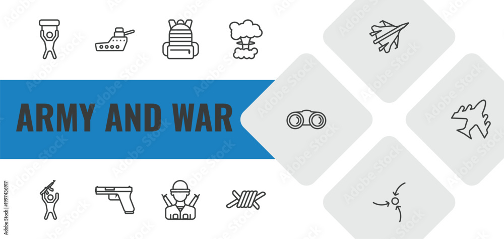 Fototapeta premium army and war outline icon set. linear vector for ui, web and mobile. thin line revolt, warship, army backpack icons.