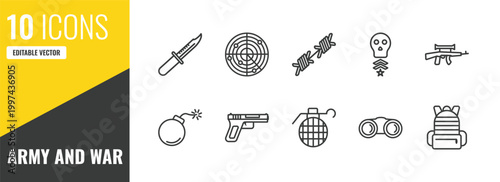 army and war outline icon set. 10 linear vector for ui, web and mobile. thin line military knife, militar radar, barbed wire icons.