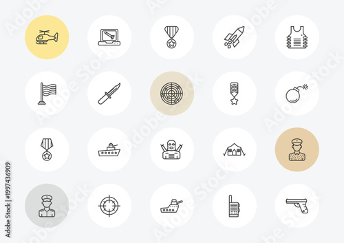 army and war outline icon set. linear vector for ui, web and mobile. thin line helicopter, patriot, condecoration icons.