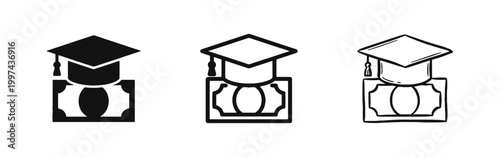 Graduation Cap on Money Icon Set - Education Funding, Scholarship, and Tuition Fee Concept