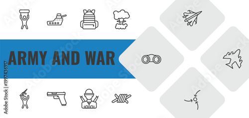 army and war outline icon set. linear vector for ui, web and mobile. thin line revolt, warship, army backpack icons.