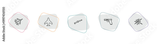 army and war outline icon set. linear vector for ui, web and mobile. thin line jet, airplane, bayonet on rifle icons.