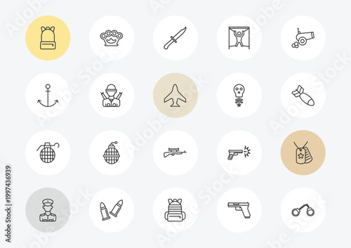 army and war outline icon set. linear vector for ui, web and mobile. thin line backpack, anchor, granade icons.
