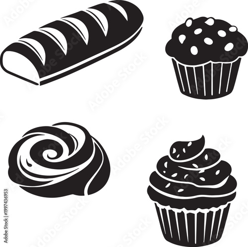 Bakery product icons set, black and white bread and pastry vector illustrations, bakery shop menu graphics, sweet cupcakes and baguette