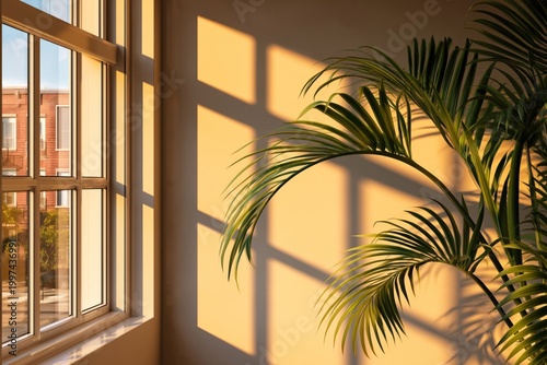 Light Casts Shadows on a Plant Near a Window During the Late Afternoon in a B...
