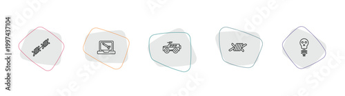 army and war outline icon set. linear vector for ui, web and mobile. thin line barbed wire, computer, armored vehicle icons.