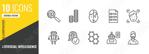 artificial intellegence outline icon set. 10 linear vector for ui, web and mobile. thin line detection, coins, humanoid icons.
